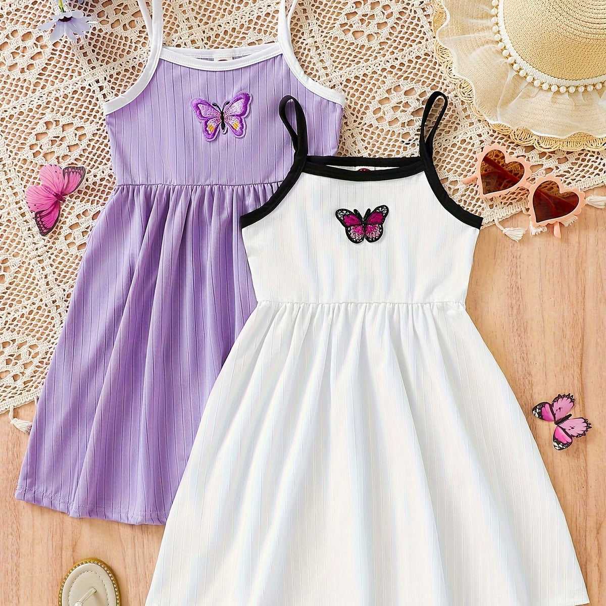 2pcs Vibrant Butterfly Print Ruffle Cami Dress Set - Soft Medium Stretch Polyester, Sleeveless, Regular Fit, Hand Washable, Perfect for Girls Summer Holiday Party and Casual Daily Wear