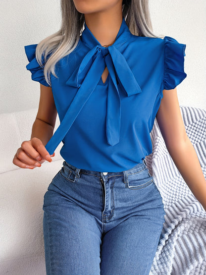 solvbaoBow Tie Flutter Sleeve Blouse, Elegant Sleeveless Solid Ruffle Trim Blouse, Women's Clothing