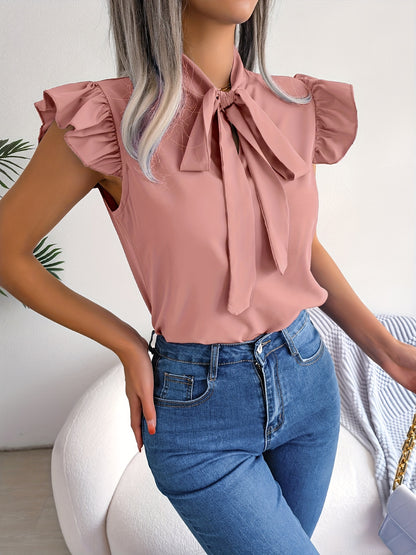 solvbaoBow Tie Flutter Sleeve Blouse, Elegant Sleeveless Solid Ruffle Trim Blouse, Women's Clothing