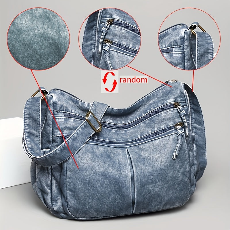 solvbao  Retro Style Crossbody Bag, Multi Pockets Shoulder Bag, Washed Leather Purse For Women