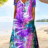 Plus Size Tie Dye Charm - Womens Casual Henley Dress with Stretch & Pockets for a Flattering Fit