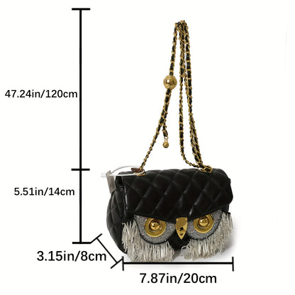 solvbao  Retro Owl Design Textured Shoulder Bag, Tassel Decor Glitter Small Shoulder Bag, Women's Elegant Wallet