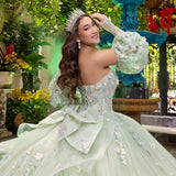 Sage Green Shiny Quinceanera Dresses Applique Flower Ball Gown Birthday Party Dress Lace Up Graduation Gown Sweetheart de 15 anos