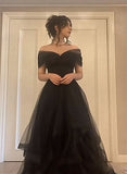 solvbao Black Off Shoulder Sweetheart Tulle Prom Dress, Black Tulle A-line Party Dress