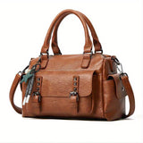 solvbao  Top Handle Satchel Multi Pocket Pendant Tote Bag, PU Leather Retro Shoulder Bag, Casual Versatile Commuter Bag