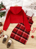 2pcs MERRY CHRISTMAS Print Girl's Hoodie & Plaid Pattern Trendy Christmas Outfit Sundress Set for Spring Autumn