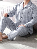 100.00% Cotton 2 Pcs Men's Simple Plaid Lapel Long Sleeve & Trousers Pajama Set, Comfortable & Skin-friendly Style Pajamas For Men's Cozy Loungewear