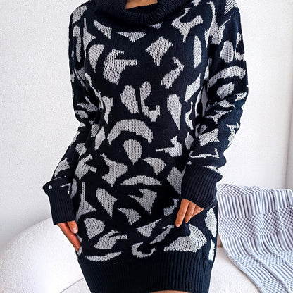 solvbaoLadies Turtleneck Leopard Print Sweater Dress, Long Sleeve Sweater Dress Without Belt, Casual Sweater Dress For Fall & Winter, Women's Clothing