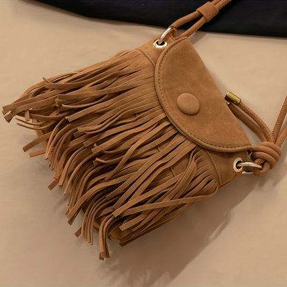 solvbao Mini Suede Crossbody Bag, Boho Style Tassel Flap Purse, Vintage Fringe Phone Bag For Women