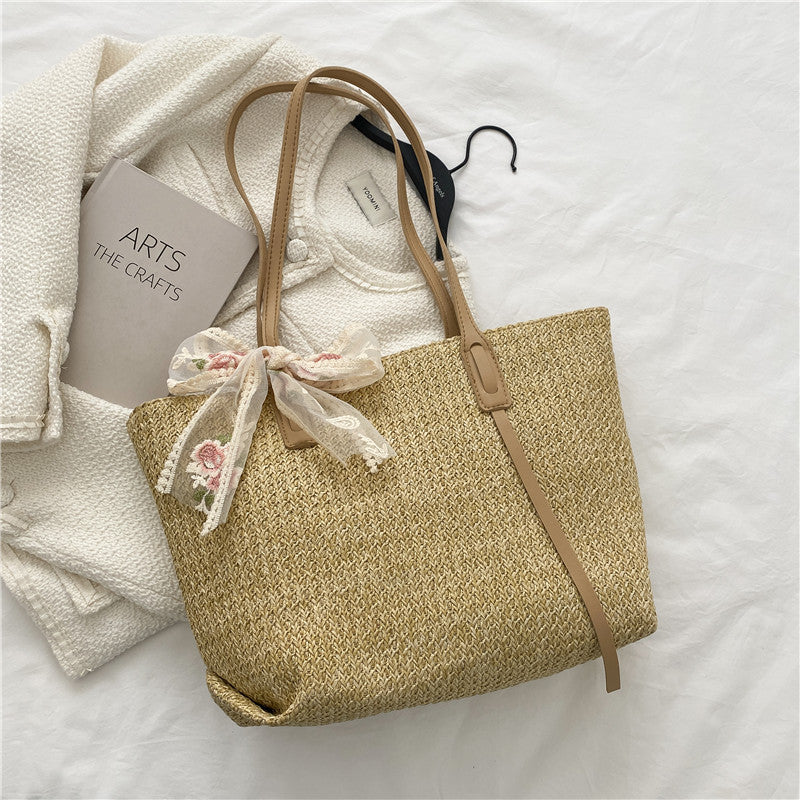 solvbao  Large-capacity Simple Woven Tote Bag, Trendy Shoulder Bag With Ribbon Decor For Beach