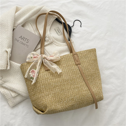 solvbao  Large-capacity Simple Woven Tote Bag, Trendy Shoulder Bag With Ribbon Decor For Beach