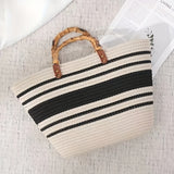 Striped Pattern Straw Bag, Bamboo Handle Summer Beach Bag, Women's Woven Tote Bag Basket