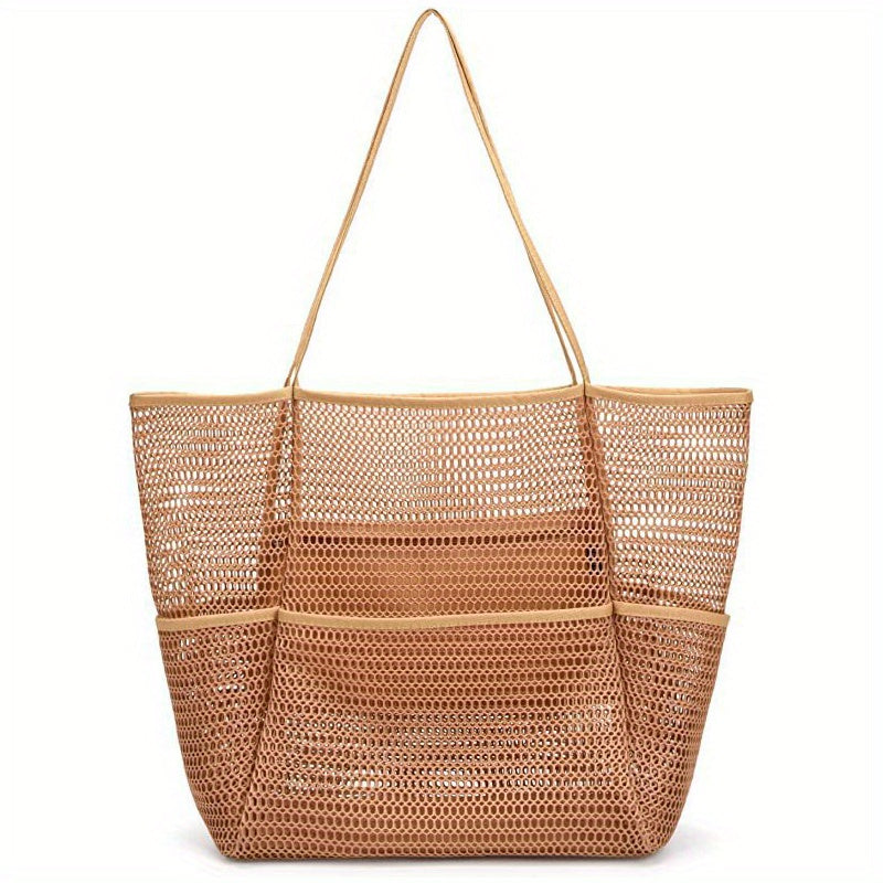 solvbao  Mesh Summer Beach Bag, Foldable Multi Pockets Tote Bag, Large Shoulder Bag For Travel Vacation Swimming