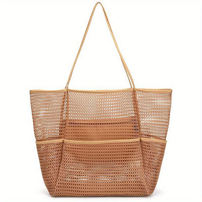 solvbao  Mesh Summer Beach Bag, Foldable Multi Pockets Tote Bag, Large Shoulder Bag For Travel Vacation Swimming