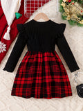 Girls' Christmas Bowknot Long Sleeve Round Neck Dress, Knitted Stretch Polyester Fabric, Regular Fit, Fashion Plaid Pattern, Spring/Autumn Season, Casual Style, Children'S Clothing