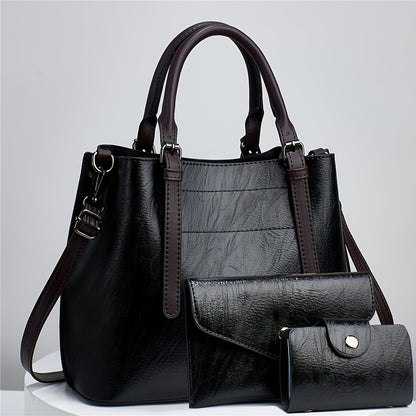 3pcs Faux Leather Tote Bag Set, Fashion Handbag With Clutch Purse And Credit Card Holder, Women's Shoulder Bag