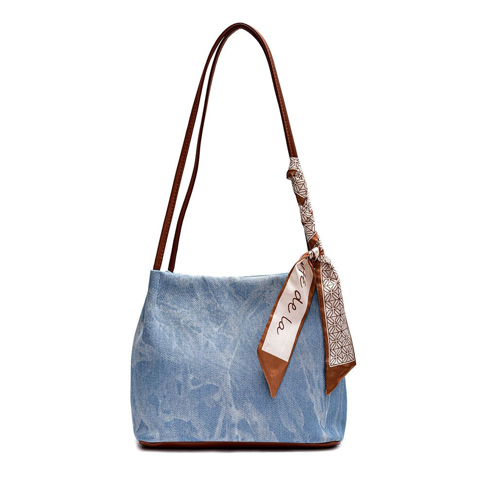 solvbao  Large Capacity Denim Canvas Shoulder Bag With Twilly Scarf Decor