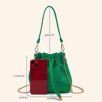 solvbao  Mini Drawstring Metal Chain Crossbody Bucket Bag, Dacron Textured Bag Purse, Classic Versatile Fashion Shoulder Bag