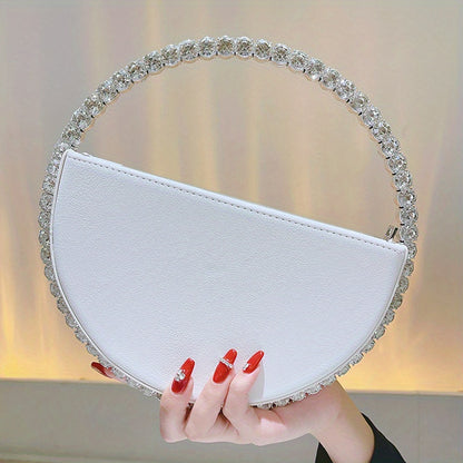 Rhinestone Round Ring Evening Bag, Trendy Faux Leather Clutch Purse, Women's Elegant Handbags For Party Prom Wedding