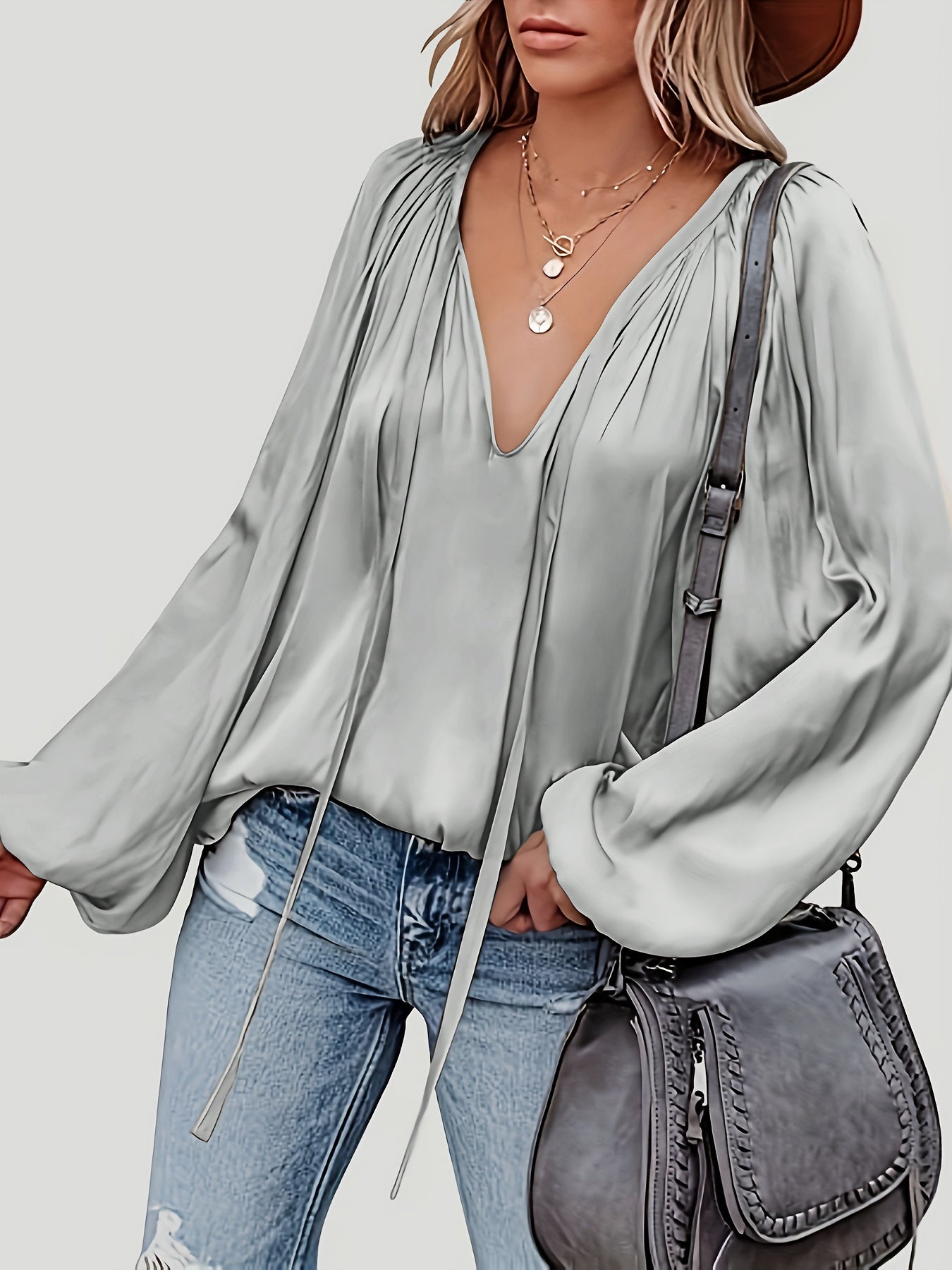 solvbaoSolid Tie Neck Pleated Blouse, Casual Long Sleeve Blouse For Spring & Fall, Women's Clothing