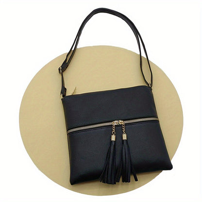 solvbao Double Zipper Crossbody Bag, Tassel Decor Square Purse, Women's Solid Color Shoulder Bag