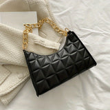 Argyle Quilted Shoulder Bag, Trendy Chain Baguette Bag, Solid Color Underarm Purse For Women