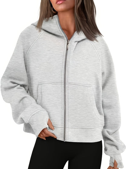 solvbao  Solid Zip Up Fleece Hoodie, Casual Long Sleeve Loose Sweatshirt With Pocket, Women's Clothing