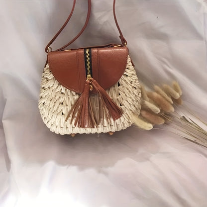 solvbao  Mini Straw Woven Crossbody Bag, Vintage Summer Beach Shoulder Bag, Women's Retro Handbag & Purse For Travel Vacation