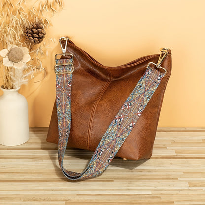 solvbao  Retro Style Bucket Crossbody Bag, Boho Style Shoulder Bag, Faux Leather Purse With Ethnic Strap