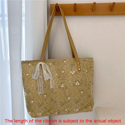 Women's Flower Lace Straw Tote Bag, Large Capacity Shoulder Bag, Boho Style Handbags For Travel Beach