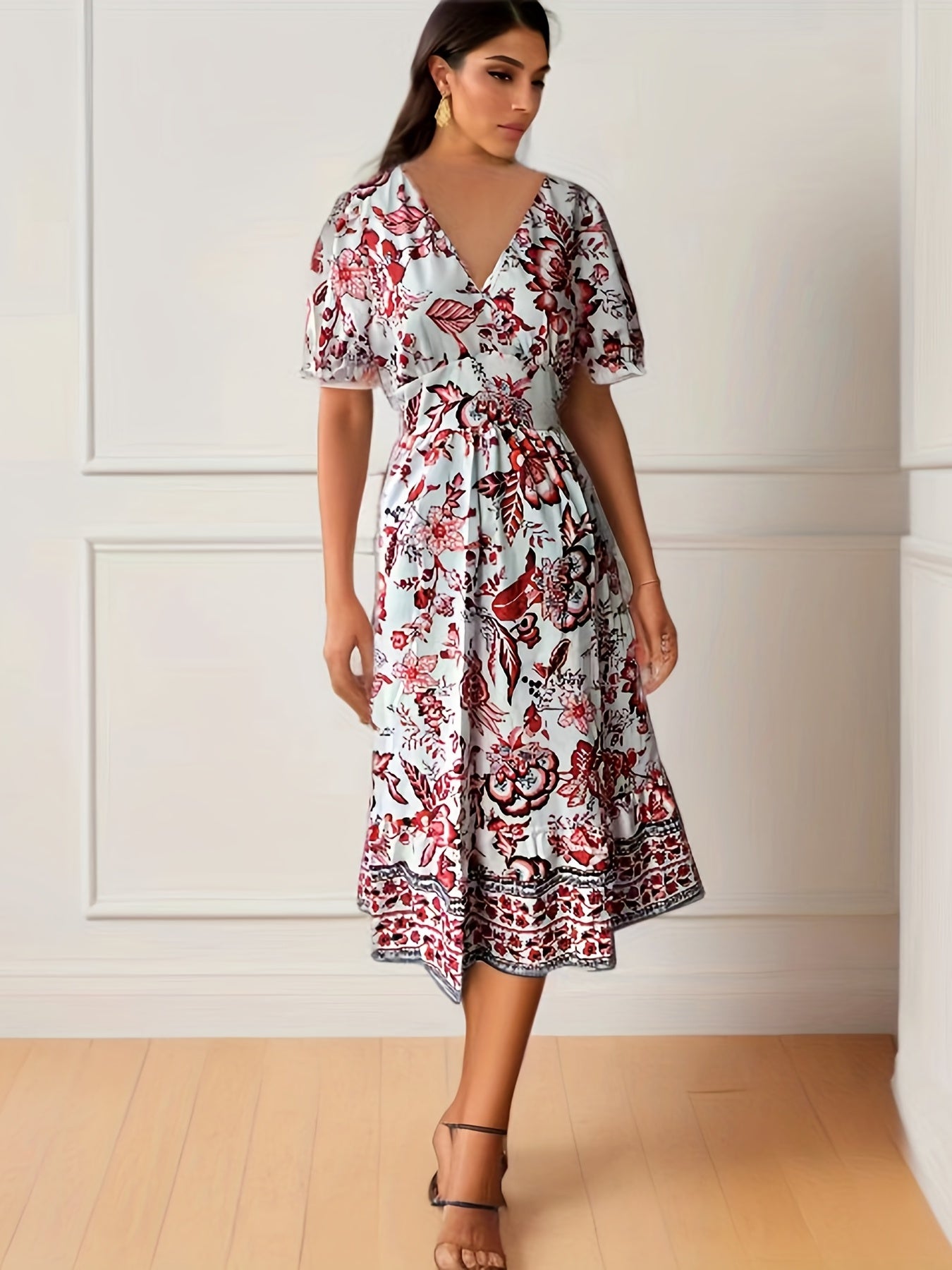 solvbao  Floral Print Surplice Neck Dress, Elegant Short Sleeve Dress For Spring & Summer, Women's Clothing