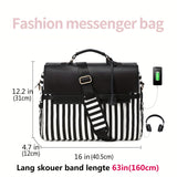 Striped Functional Laptop Bag, Casual Canvas Handbag, Women's Computer Briefcase With USB Charging Port