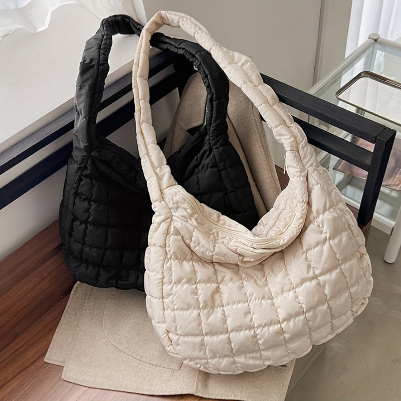 solvbao  Large Puffer Tote Bag, Quilted Down Bag For Women, Soft Lattice Daily Use Crossbody Bag