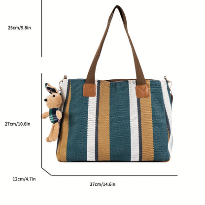 solvbao  Colorblock Striped Tote Bag, Literary Canvas Shoulder Bag, Women's Large Crossbody Bag With Cartoon Charms