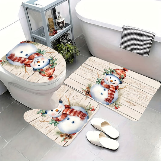 [Trusted] 3pcs Christmas Snowman Bathroom Set: Non-Slip, Absorbent Mats with Toilet Lid Cover & U-Shaped Rug - Soft, Stylish for Bathroom, Laundry & Bedroom