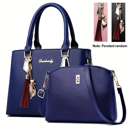 solvbao  2pcs PU Leather Bag Set, Tassel Decor Handbag & Crossbody Bag, Women's Office & Work Purse