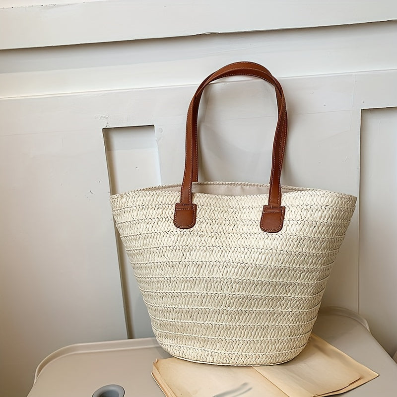 solvbao  Straw Woven Tote Bag, Bamboo Handle Beach Bag, Boho Style Handbag For Travel Vacation