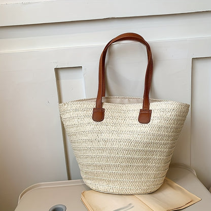 solvbao  Straw Woven Tote Bag, Bamboo Handle Beach Bag, Boho Style Handbag For Travel Vacation