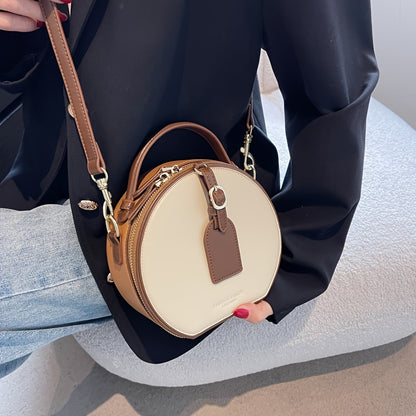 solvbao  Round Crossbody Bag With Bag Charm, Women's Double Zipper Shoulder Bag, Two Tone Elegant Handbag