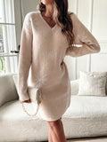 Elegant Snowflake V-Neck Sweater Dress for Women - Polyester, Ribbed Detail, Perfect for Fall & Winter (Belt Not Included)