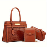 3pcs Crocodile Pattern Bag Set, Fashion Retro Tote Bag With Crossbody Bag And Mobile Phone Purse