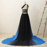 Solvbao One Shoulder Beaded Chiffon Gradient Long Party Dress, Blue Formal Dress, Prom Dress