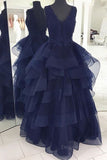 kamahe Fluffy V Neck Backless Navy Blue Lace Long Prom Dress, Open Back Navy Blue Lace Formal Dress, Navy Blue Lace Evening Dress, Ball Gown