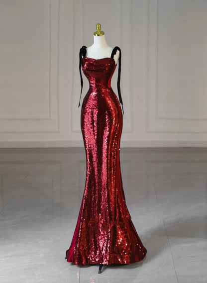 solvbao Wine Red Sequins with Black Tulle Straps Long Party Dress, Wine Red Sequins Prom Dress