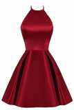 solvbao Beautiful Wine Red Halter Knee Length Homecoming Dress, Satin Short Prom Dress