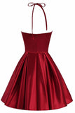 solvbao Beautiful Wine Red Halter Knee Length Homecoming Dress, Satin Short Prom Dress