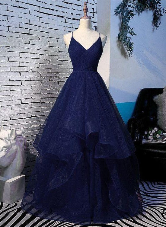 solvbao Beautiful Navy Blue Tulle V-neckline Straps Long Party Dress, Blue Formal Gown