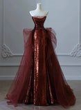 kamahe Glam Wine Red Sequins And Tulle Long Party Dress, Wine Red Evening Dress Prom Dress