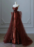 kamahe Glam Wine Red Sequins And Tulle Long Party Dress, Wine Red Evening Dress Prom Dress