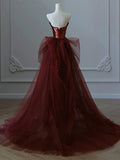 kamahe Glam Wine Red Sequins And Tulle Long Party Dress, Wine Red Evening Dress Prom Dress